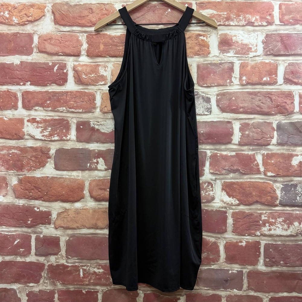 Lands End Halter Dress Women's 1X Plain Black Stretchy Pocketed Casual Beachy